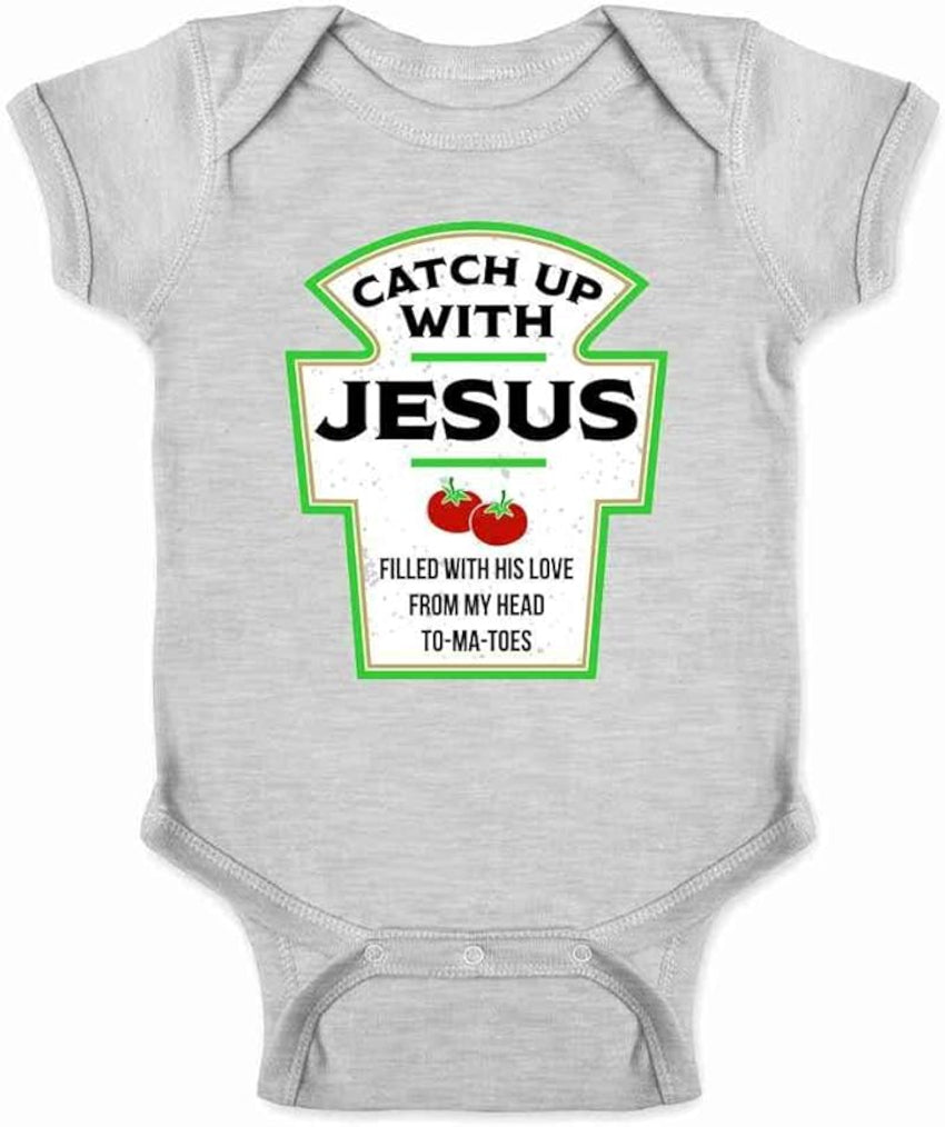 Catch Up with Jesus Funny Ketchup Faith Christian Infant Bodysuit Gray
