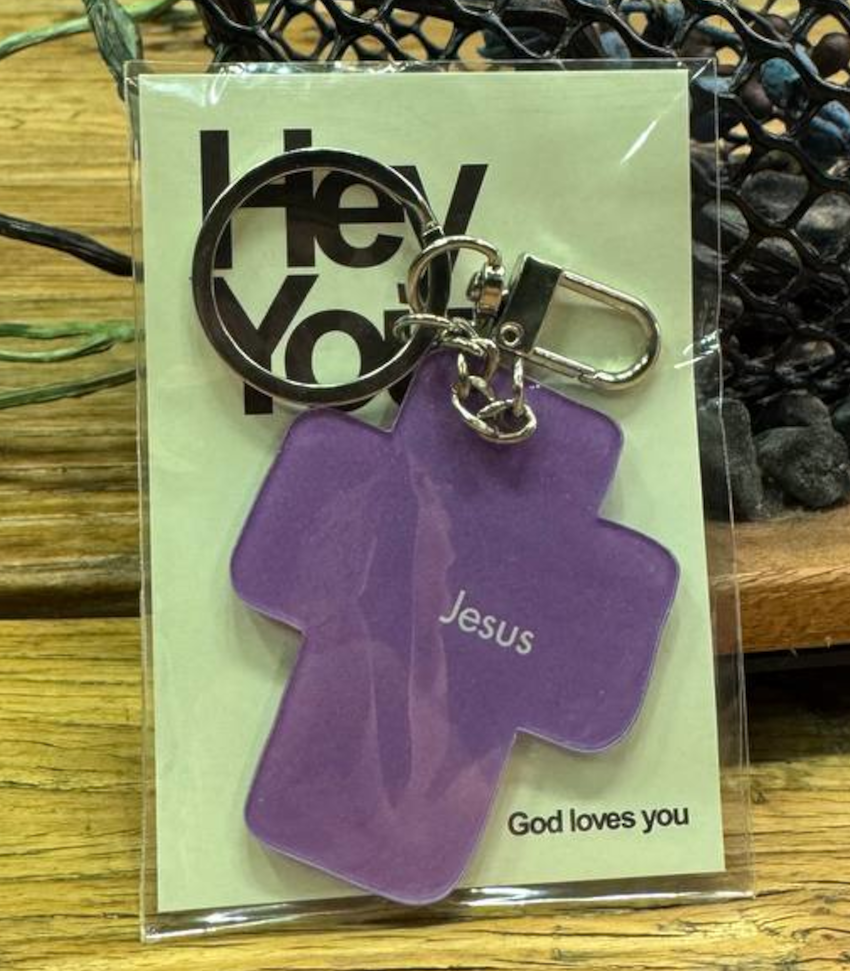 Hey You Purple Cross Keychain