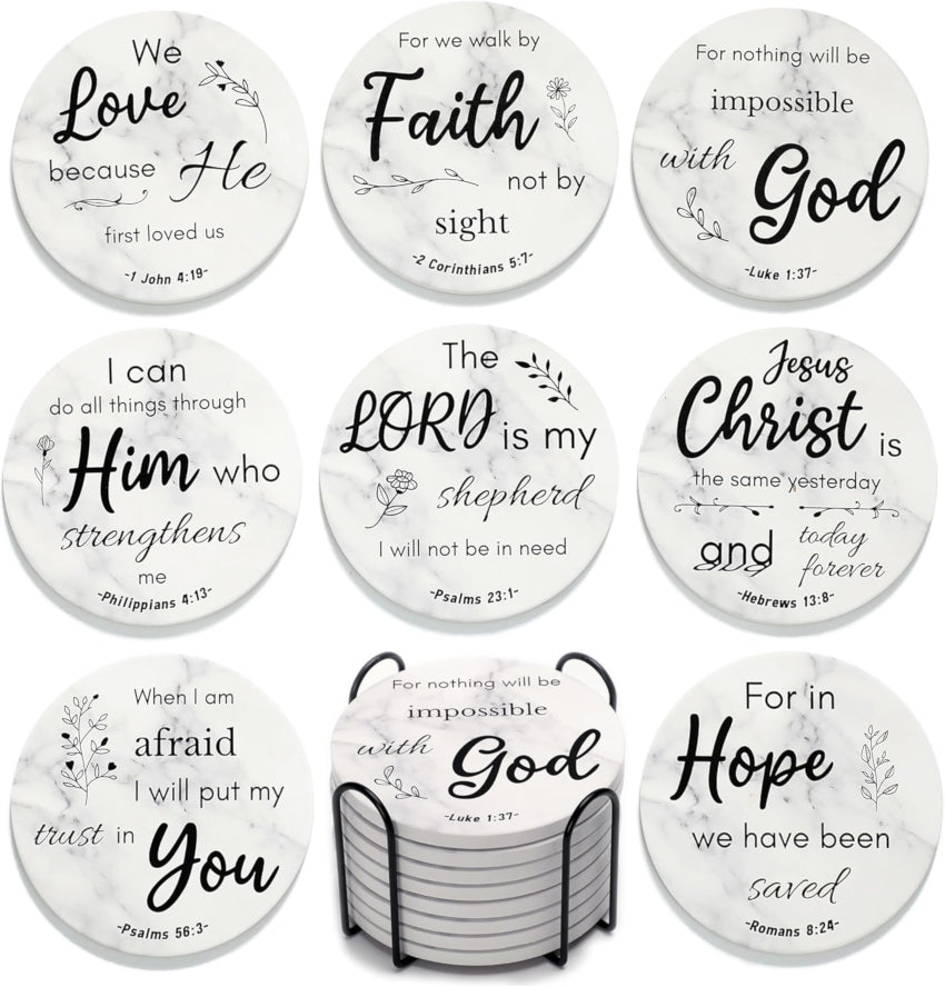 Absorbent Ceramic Coasters with Bible Verses, Set of 8