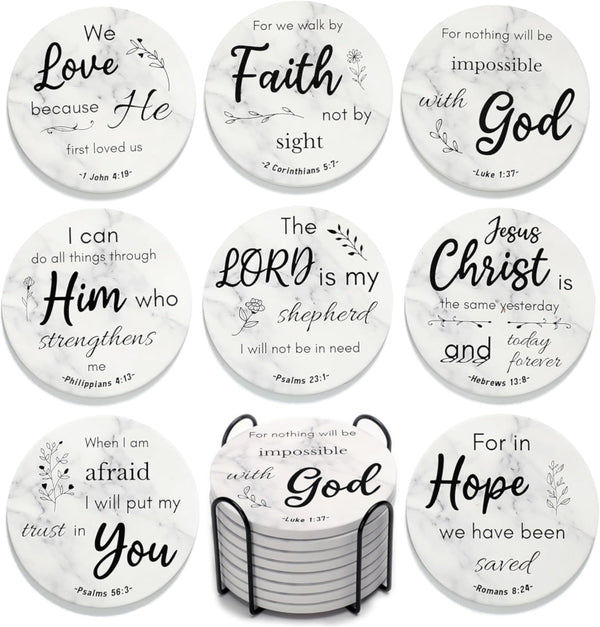 Absorbent Ceramic Coasters with Bible Verses, Set of 8