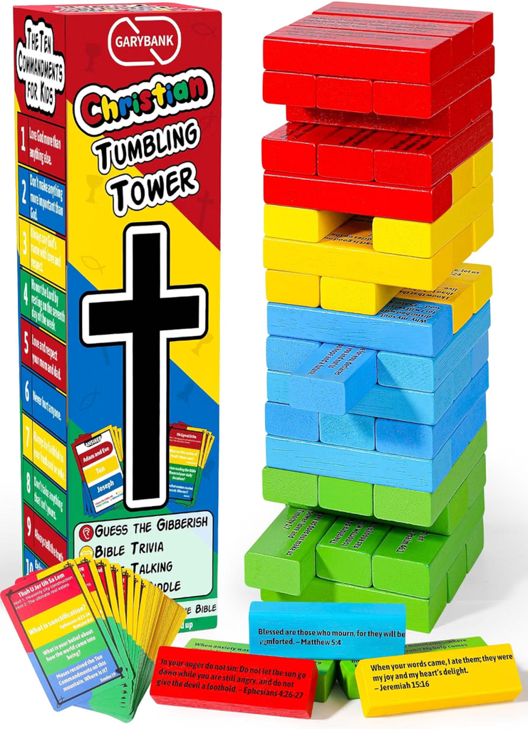 Christian Tumbling Tower with Verse, 66 Flash Cards W/ 260+ Biblical Questions