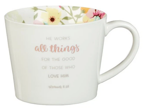 All Things – Romans 8:28  | Floral White Ceramic Coffee Mug – 13 oz